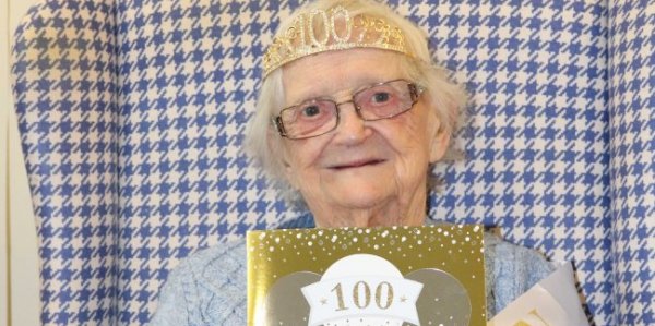 Eileen with 100th birthday card
