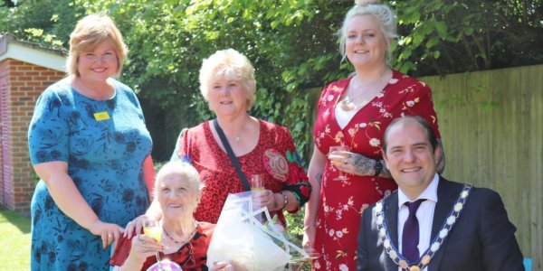 Joan celebrating her 100th birthday with friends, family and the Mayor of Princes Risborough